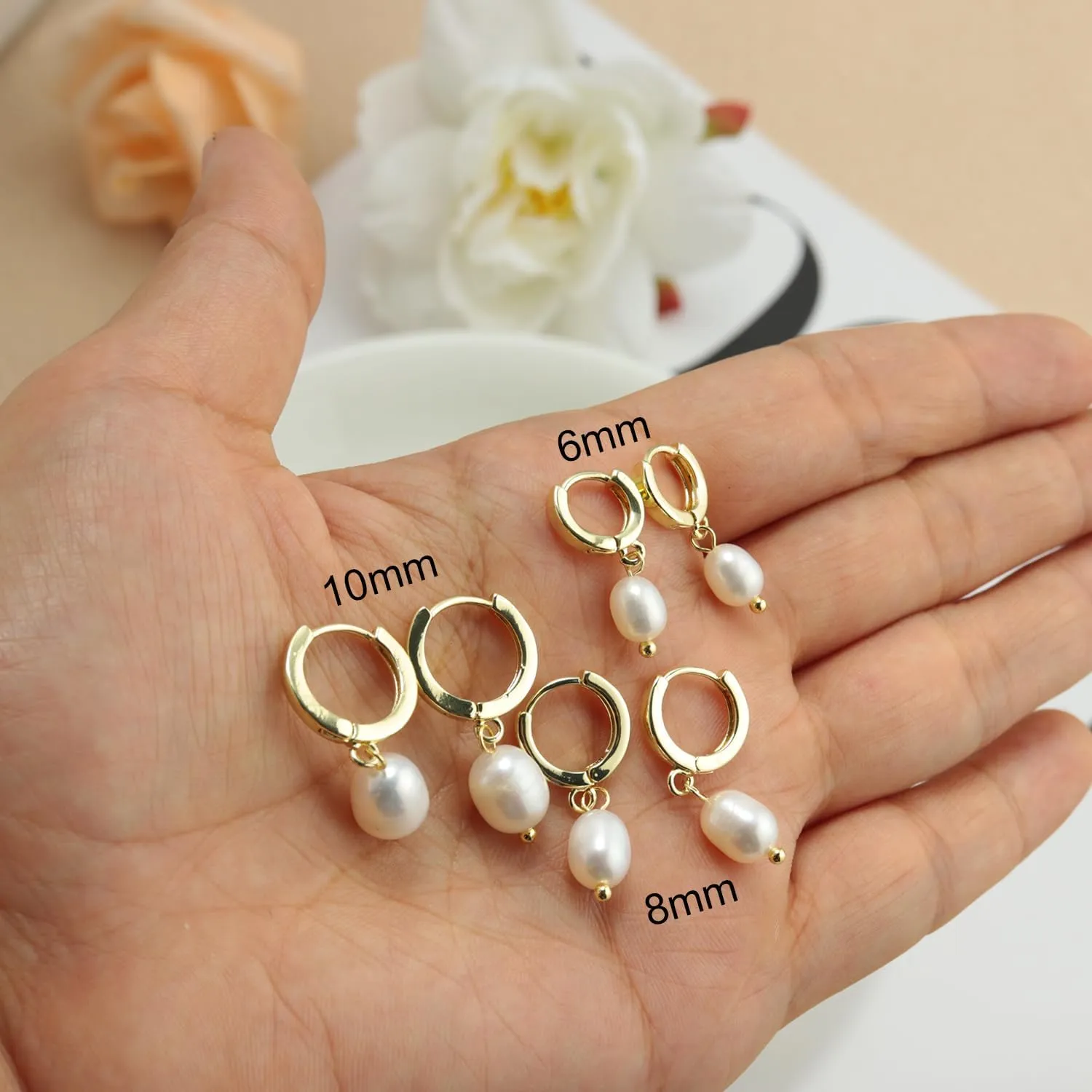Pearl Earrings for Women 14k Gold/Silver Hoop Earrings with Freshwater Pearl Charm,Hypoallergenic Huggie Small Drop Dangle Earrings for Women Trendy Wedding Jewelry Gifts for Her