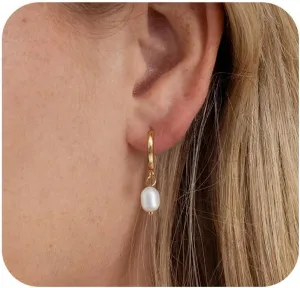 Pearl Earrings for Women 14k Gold/Silver Hoop Earrings with Freshwater Pearl Charm,Hypoallergenic Huggie Small Drop Dangle Earrings for Women Trendy Wedding Jewelry Gifts for Her
