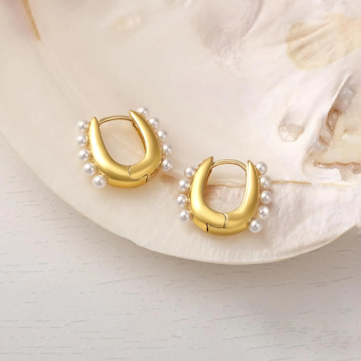 Pearl Earrings, Pearl Hoop Earrings for Women Trendy Gold Earrings 14K Gold Plated Pearl Huggie Drop Dangle Hoops Earrings Hypoallergenic Lightweight Dainty Earrings Jewelry for Women