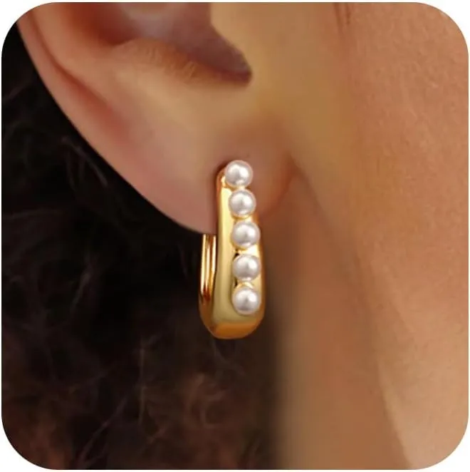 Pearl Earrings, Pearl Hoop Earrings for Women Trendy Gold Earrings 14K Gold Plated Pearl Huggie Drop Dangle Hoops Earrings Hypoallergenic Lightweight Dainty Earrings Jewelry for Women