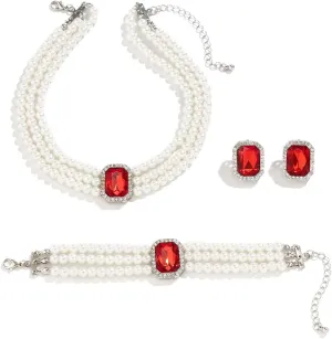 Pearls Layered Choker Necklaces Multilayer Faux Pearl Bracelet Crystal Earrings Jewelry Set 1920s Choker Necklace Bridal Wedding Party Jewelry