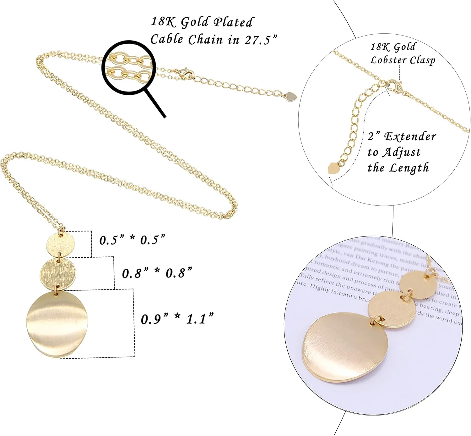 PERNNLA PEARL Long Disc Pendant Necklace for Women 18K Gold Plated Sweater Chain Fashion Jewelry