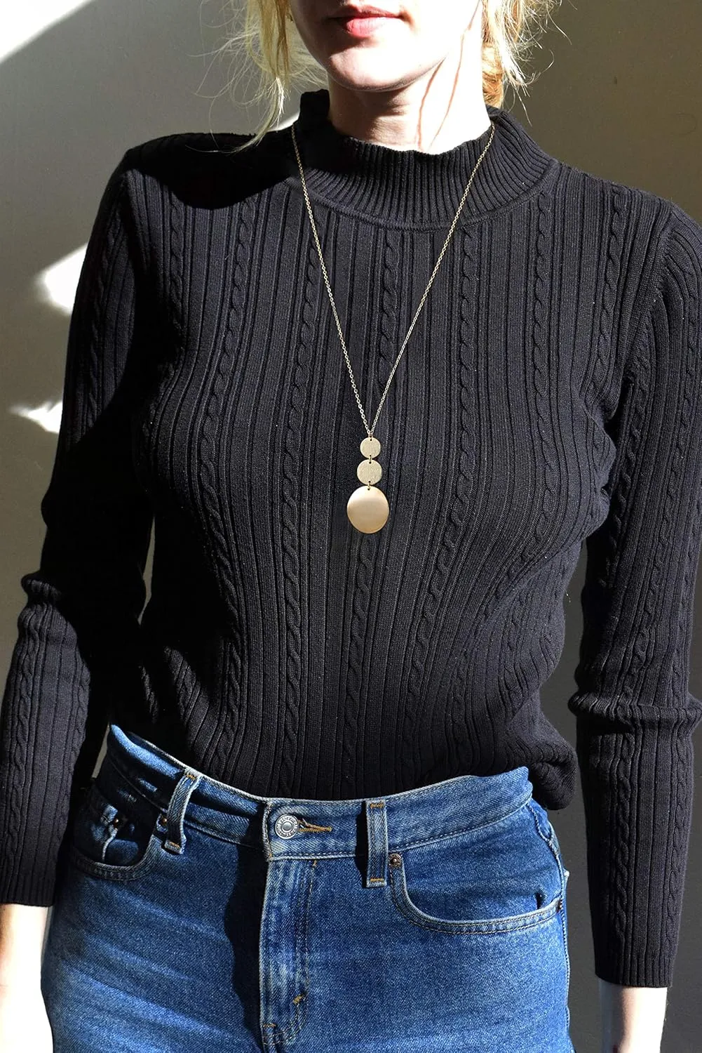 PERNNLA PEARL Long Disc Pendant Necklace for Women 18K Gold Plated Sweater Chain Fashion Jewelry