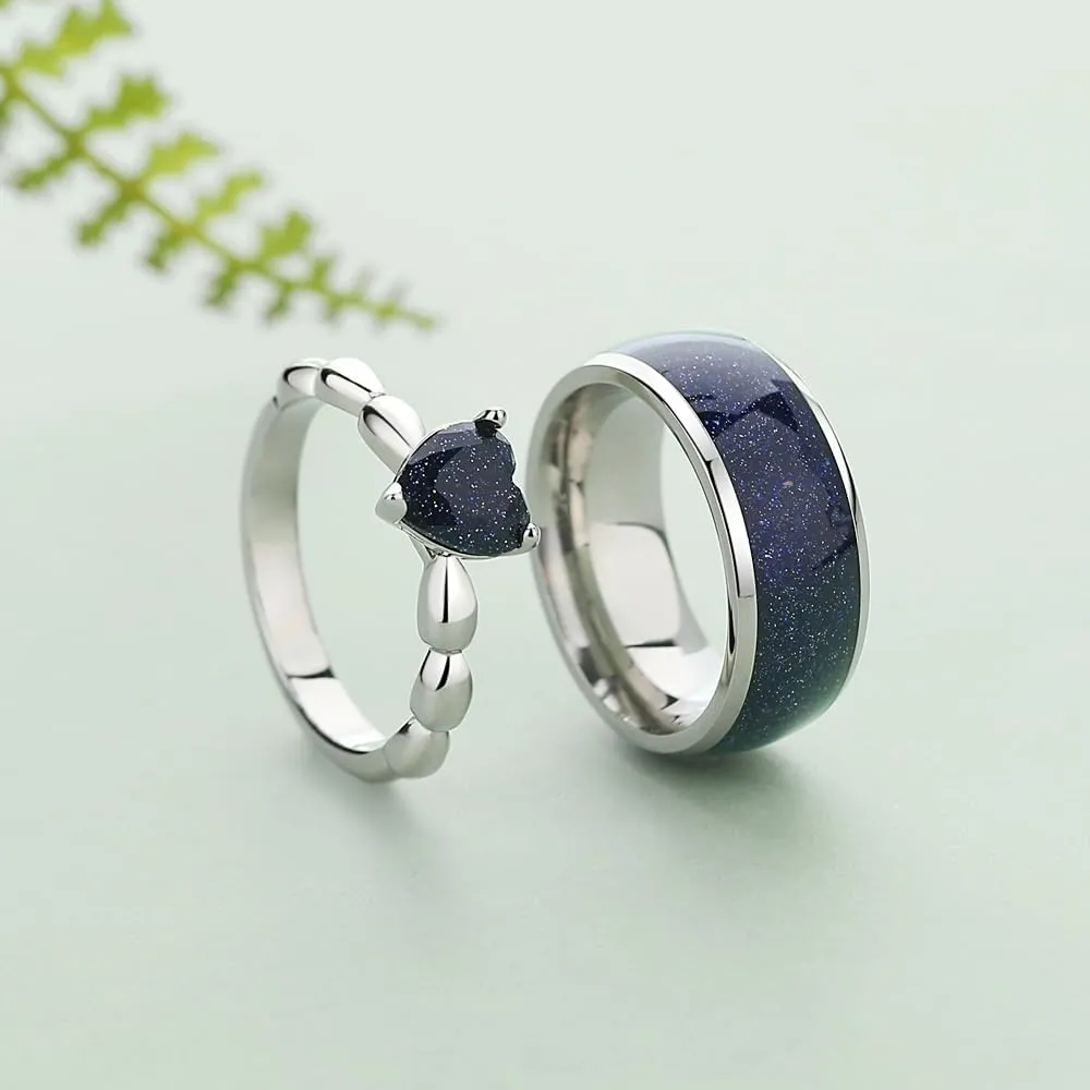 Personalized Couples Rings Set, Heart Blue Sandstone Promise Rings for Couples, Engagement Rings for Him and Her.