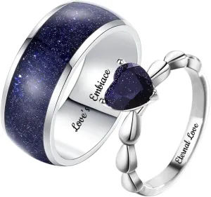 Personalized Couples Rings Set, Heart Blue Sandstone Promise Rings for Couples, Engagement Rings for Him and Her.