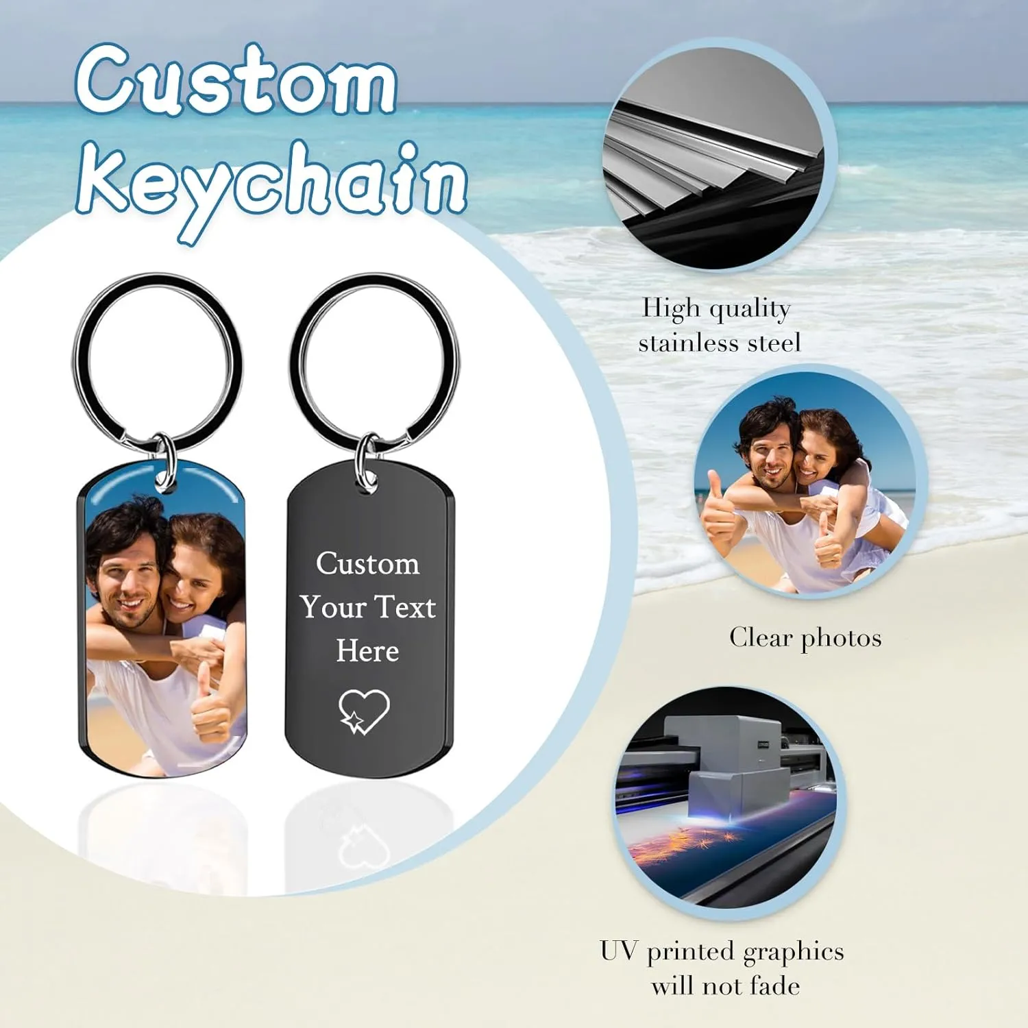 Personalized Custom Keychain with Picture - Double Sided Engraving Photo Text Customized Key Chains for Men Boyfriend