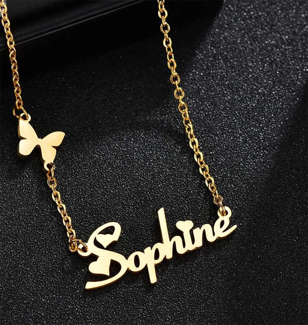 Personalized Name necklace with Butterfly Crown For Women Jewelry Stainless Steel Pendant Custom Lovers Gold Necklaces Girlfriend gifts