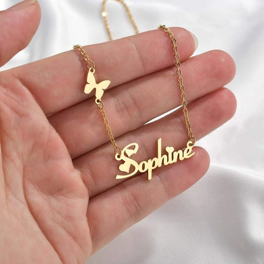 Personalized Name necklace with Butterfly Crown For Women Jewelry Stainless Steel Pendant Custom Lovers Gold Necklaces Girlfriend gifts