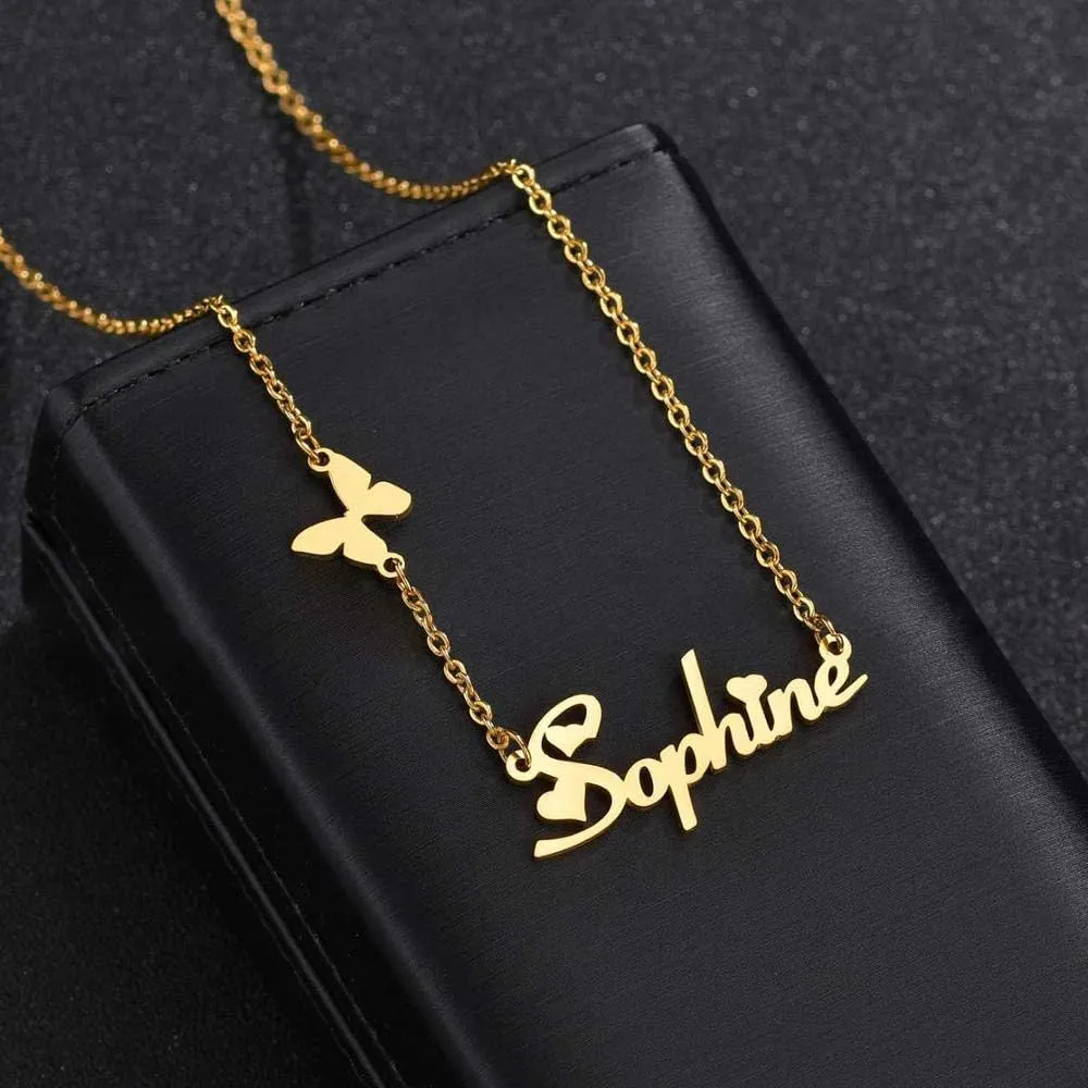 Personalized Name necklace with Butterfly Crown For Women Jewelry Stainless Steel Pendant Custom Lovers Gold Necklaces Girlfriend gifts