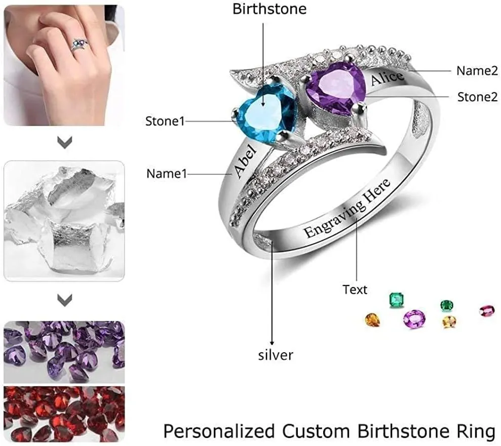 Personalized Promise Rings for Women with 2 Birthstones Bow-Knot Butterfly Name Rings for Mom Custom Promise Rings for Couple Mother Daughter Birthstone Rings for Mom
