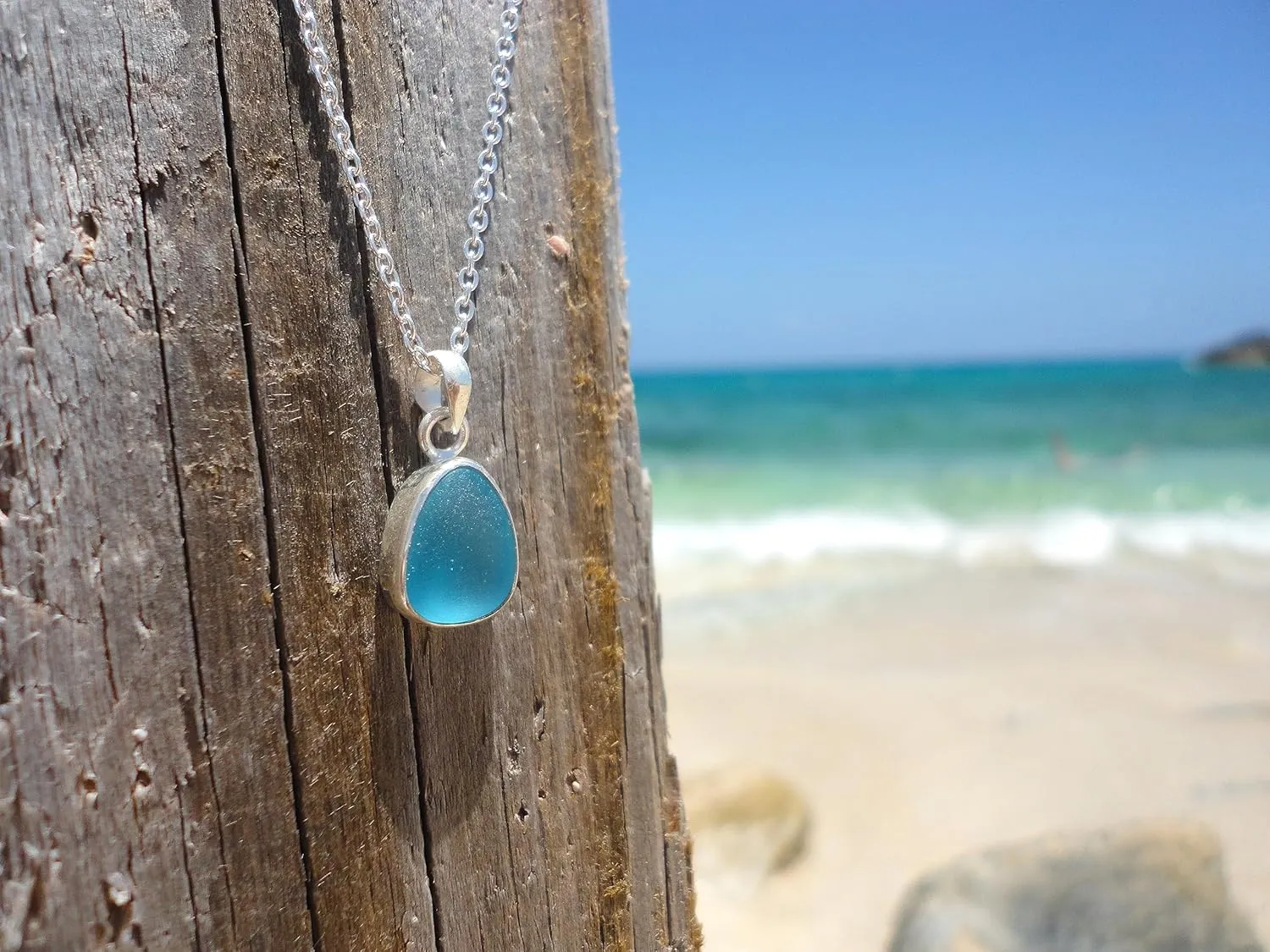 Petite Sea Glass Pendant Necklace-March Birthstone Jewelry-Minimalist Sterling Silver Pendant Beach Glass Jewelry-Ocean Necklace for Mermaids-Mothers Day Gift (Aquamarine)
