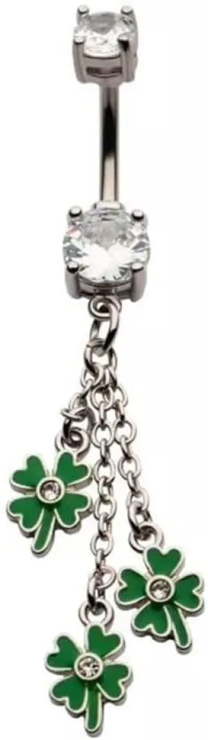 Pierced Owl 14GA 316L Stainless Steel CZ Crystal Dangling Chains with Green Enamel Shamrocks Belly Button Ring