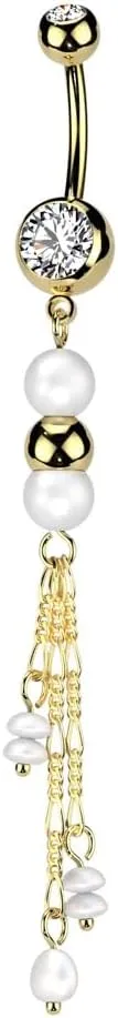 Pierced Owl 14GA 316L Stainless Steel Double Synthetic Pearls with Dangling Chains Belly Button Ring