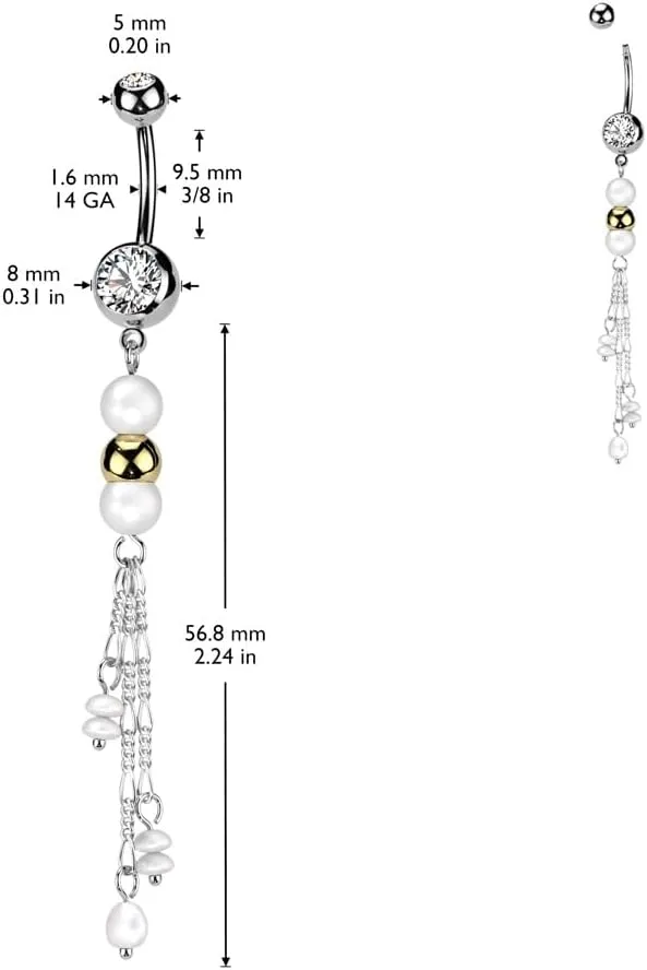 Pierced Owl 14GA 316L Stainless Steel Double Synthetic Pearls with Dangling Chains Belly Button Ring