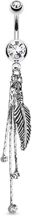Pierced Owl - 14GA 316L Stainless Steel Feather and Chains CZ Crystal Dangling Belly Button Ring