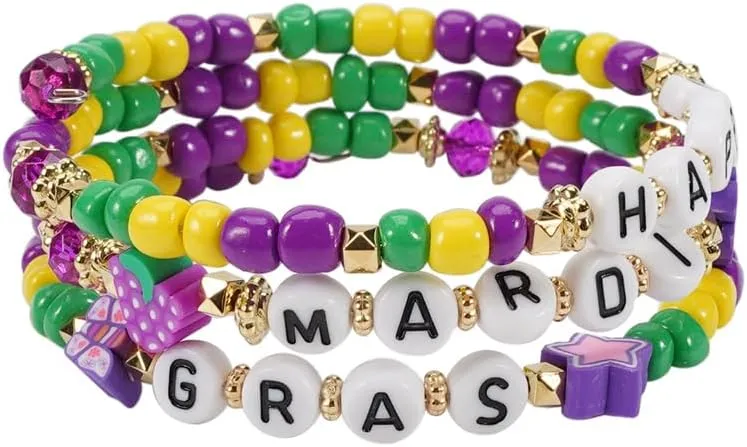 Pingyongchang Mardi Gras Beads Bracelets for Women Men Stackable Surfer Heishi Purple Green Gold Beaded Elastic Stretch Charm Bracelets Carnival Holiday Accessory Friendship Party Gifts