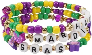 Pingyongchang Mardi Gras Beads Bracelets for Women Men Stackable Surfer Heishi Purple Green Gold Beaded Elastic Stretch Charm Bracelets Carnival Holiday Accessory Friendship Party Gifts