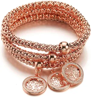 PJ Tree of Life Stretch Bracelets Set for Women Girls - Multilayer Corn Chain Charm Bracelet, Silver Rose Gold Plated Fashion Gemstone Costume Jewelry