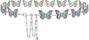Plus Size Chain Belt for Women, Turquoise Stone Metal Chain Belt Women Belly Waist Chains, Extra Long Body Chain, 59 Inch Adjustable Chunky Belt Chain (Butterfly Style)