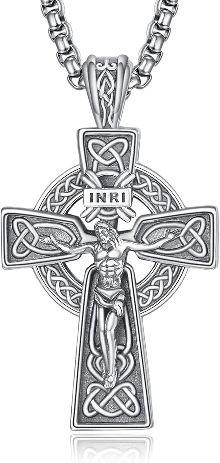 PRAYMOS 925 Sterling Silver Cross Necklace for Women Men Crucifix Saint Necklaces St Christian Religious Jewelry Confirmation Gifts Baptism