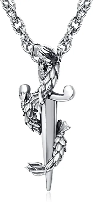 PRAYMOS Dragon Necklace 925 Sterling Silver Dragon Sword Necklace Vintage Punk Jewelry for Men Women