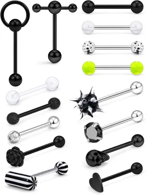 Prjndjw 14G Surgical Steel Tongue Rings for Women Men Teaser Double Barbell with Slave Ring Skull/Flower/Silicone Soft Spike Ball/CZ/Door Knocker/Pill Tongue Ring Piercing Jewelry 5/8inch Black