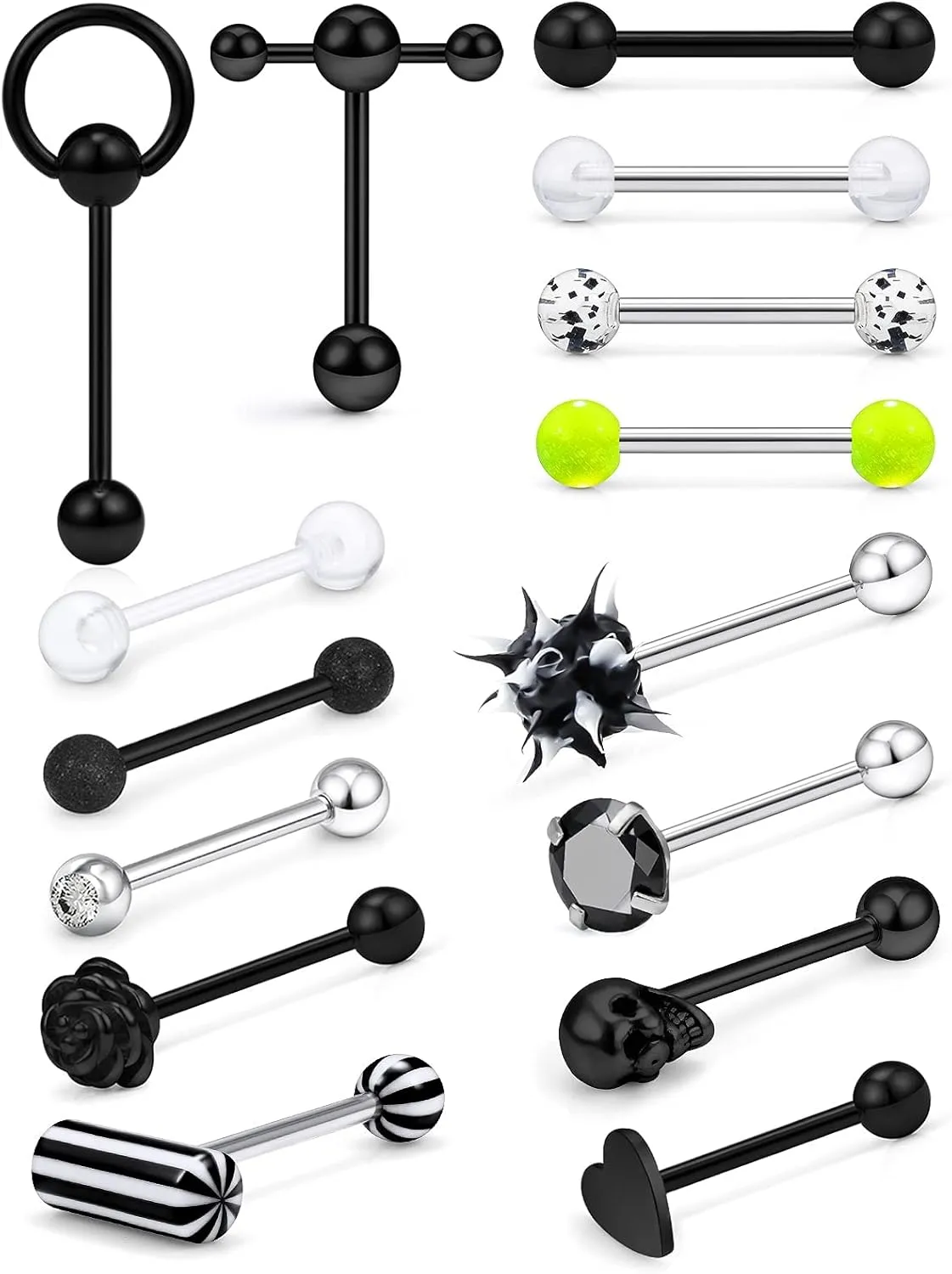 Prjndjw 14G Surgical Steel Tongue Rings for Women Men Teaser Double Barbell with Slave Ring Skull/Flower/Silicone Soft Spike Ball/CZ/Door Knocker/Pill Tongue Ring Piercing Jewelry 5/8inch Black