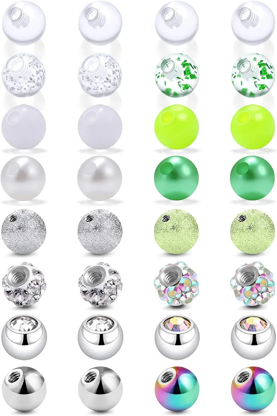 Prjndjw 16 Pair 14G 16G Replacement Balls Externally Threaded Surgical Steel & Plastic Balls for Industrial Barbell Nipple Rings Belly Button Piercing Rings Parts