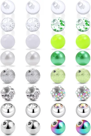 Prjndjw 16 Pair 14G 16G Replacement Balls Externally Threaded Surgical Steel & Plastic Balls for Industrial Barbell Nipple Rings Belly Button Piercing Rings Parts
