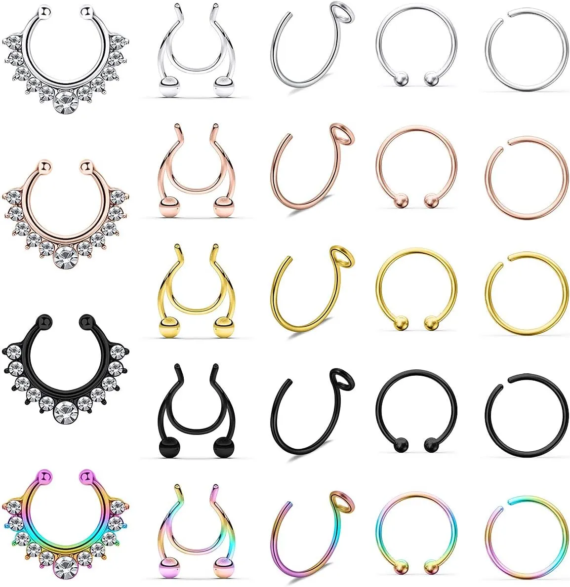 Prjndjw Fake Septum Nose Hoop Rings Stainless Steel Faux Lip Ear Nose Septum Ring Non Piercing Clip On Nose Hoop Rings Body Piercing Jewelry 24/21PCS Women Men