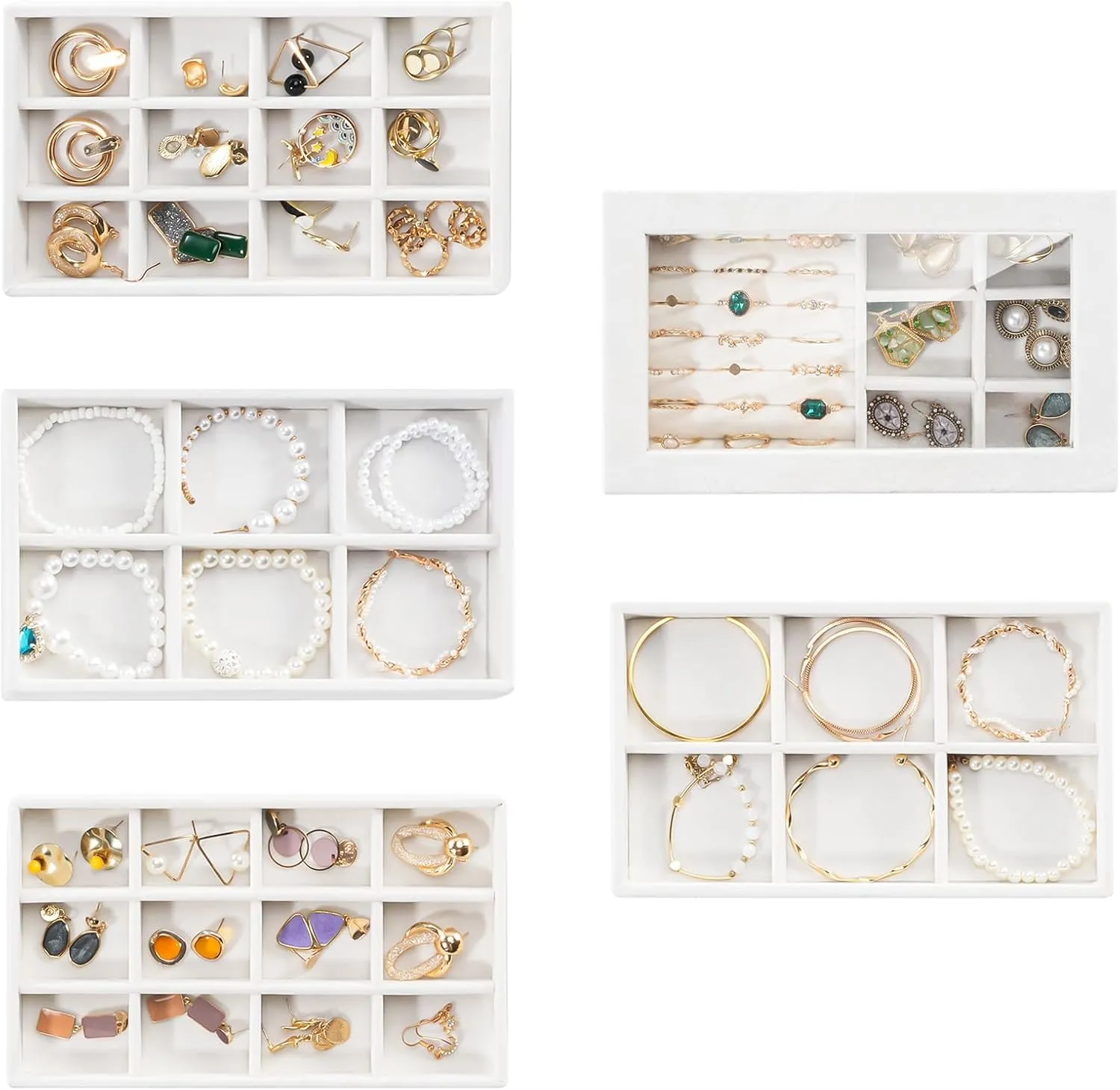 ProCase Jewelry Organizer Tray Jewelry Storage Box, Stackable Velvet Jewelry Drawer Organizer Inserts Earring Holder for Stud Earring Necklace Rings Bracelet -Warmwhite, 5 Layers, Small
