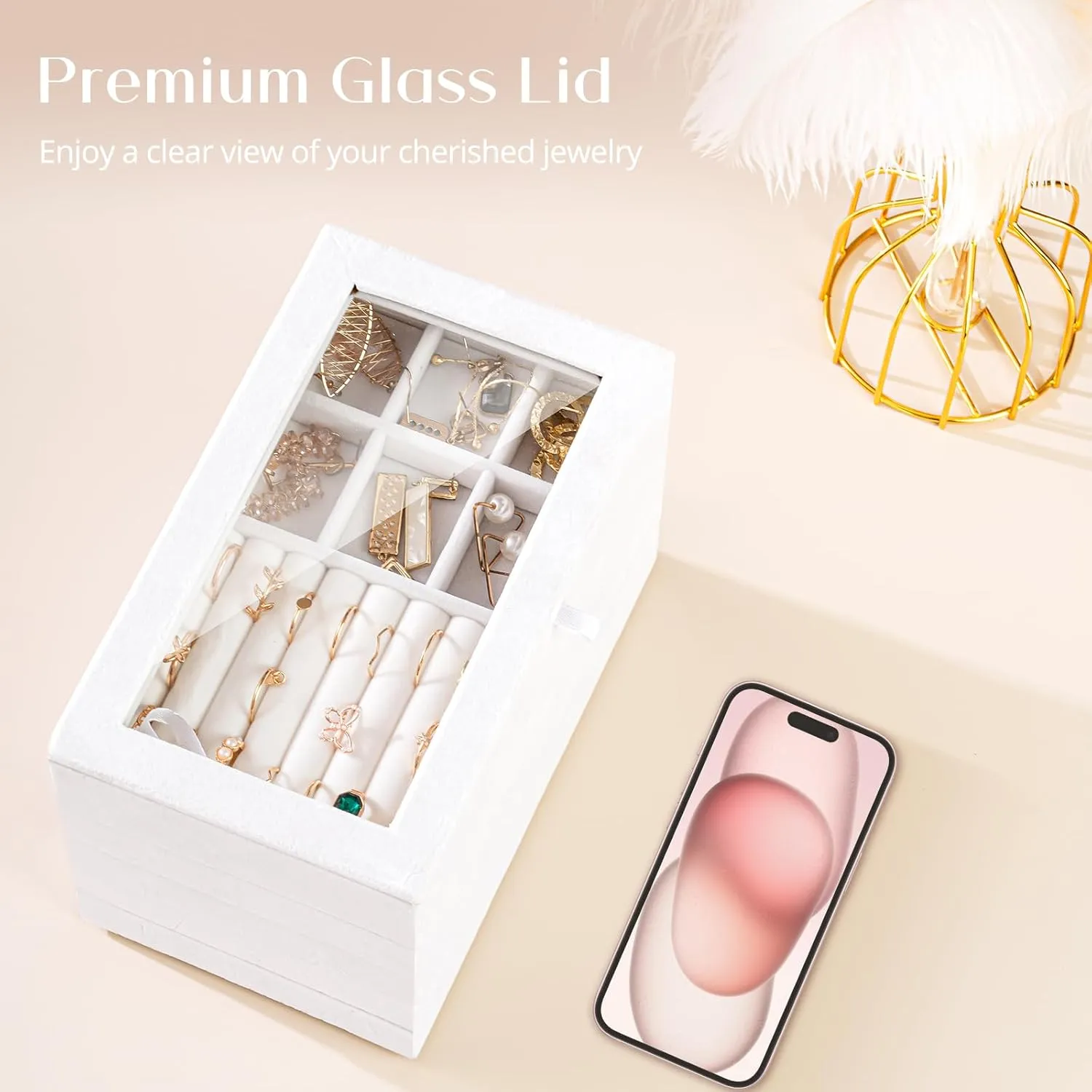 ProCase Jewelry Organizer Tray Jewelry Storage Box, Stackable Velvet Jewelry Drawer Organizer Inserts Earring Holder for Stud Earring Necklace Rings Bracelet -Warmwhite, 5 Layers, Small