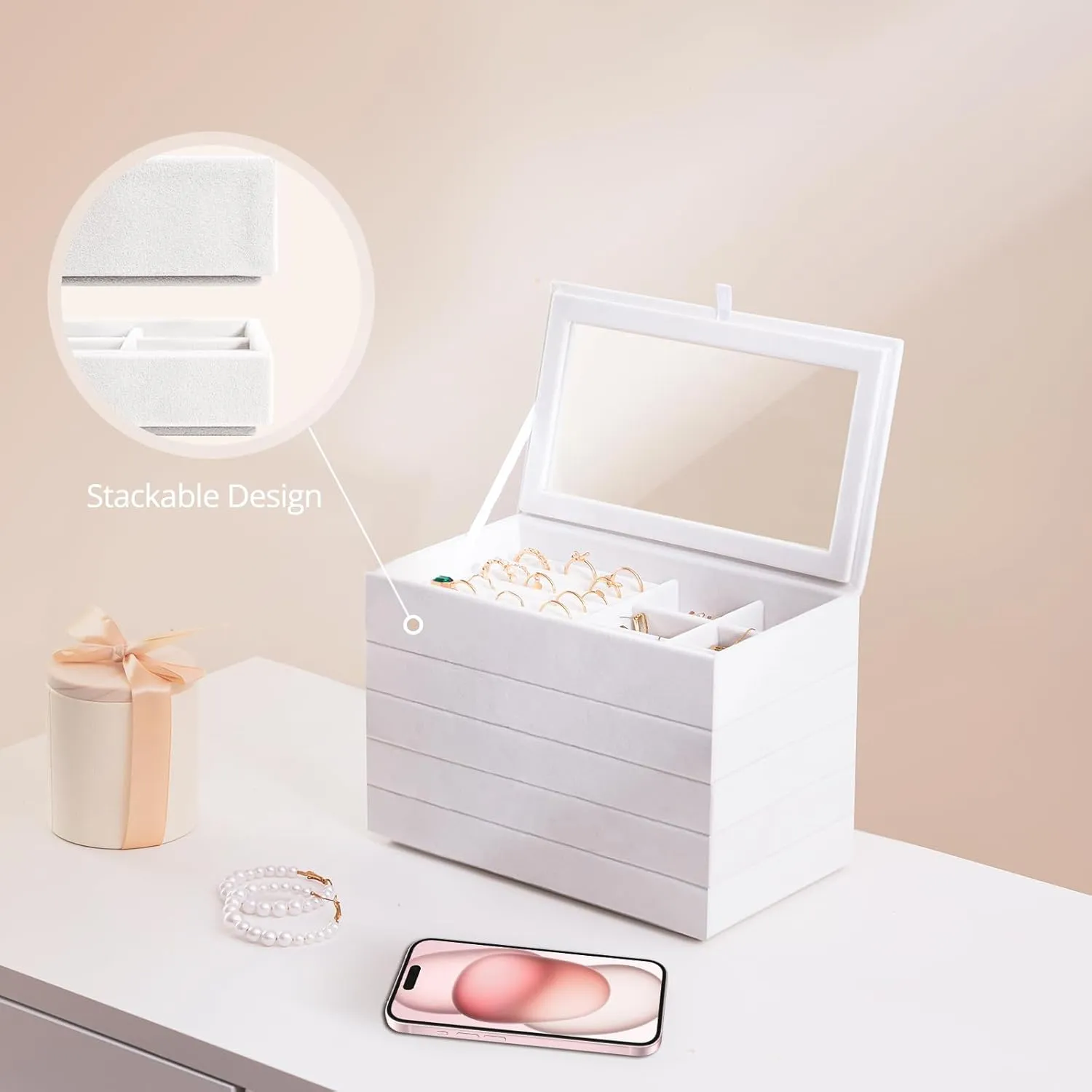ProCase Jewelry Organizer Tray Jewelry Storage Box, Stackable Velvet Jewelry Drawer Organizer Inserts Earring Holder for Stud Earring Necklace Rings Bracelet -Warmwhite, 5 Layers, Small