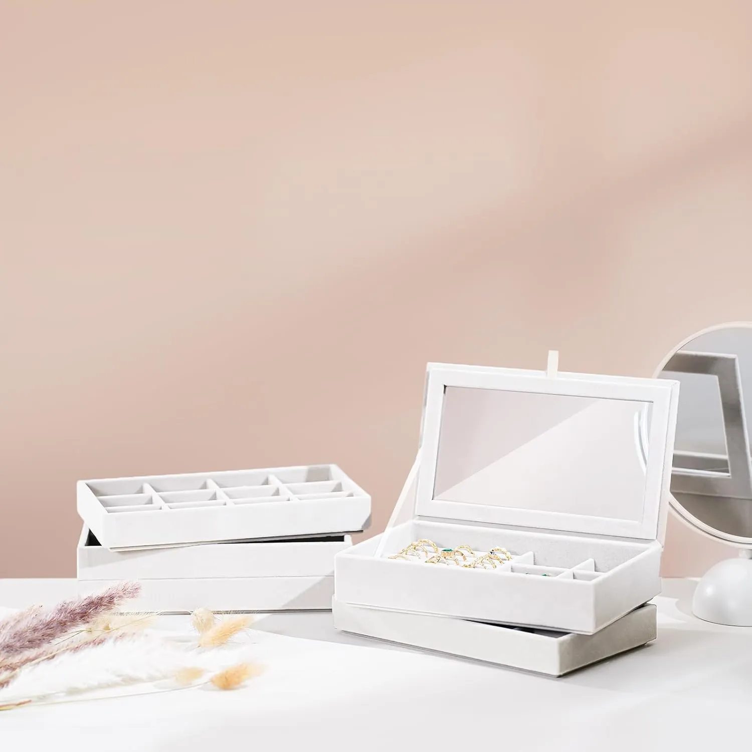 ProCase Jewelry Organizer Tray Jewelry Storage Box, Stackable Velvet Jewelry Drawer Organizer Inserts Earring Holder for Stud Earring Necklace Rings Bracelet -Warmwhite, 5 Layers, Small