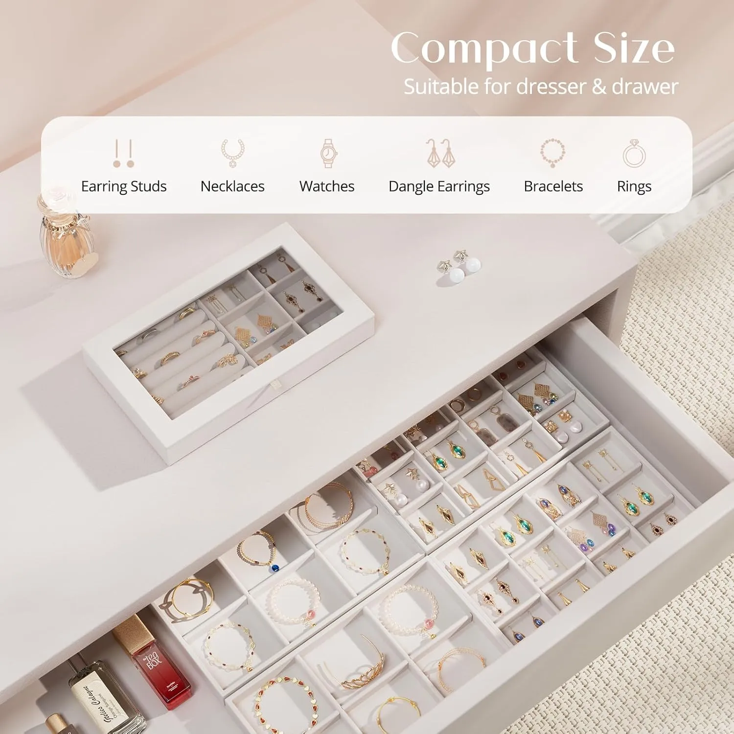 ProCase Jewelry Organizer Tray Jewelry Storage Box, Stackable Velvet Jewelry Drawer Organizer Inserts Earring Holder for Stud Earring Necklace Rings Bracelet -Warmwhite, 5 Layers, Small