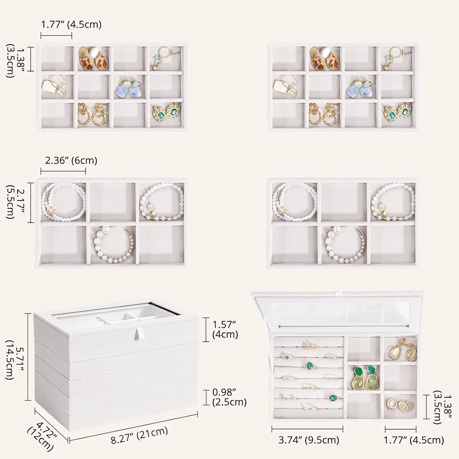 ProCase Jewelry Organizer Tray Jewelry Storage Box, Stackable Velvet Jewelry Drawer Organizer Inserts Earring Holder for Stud Earring Necklace Rings Bracelet -Warmwhite, 5 Layers, Small