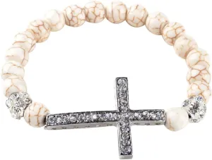 PURPLE WHALE Unisex Turquoise Bead Bracelet, Holy Cross Pendant, Adjustable Bracelet, Crystal Jewelry, Prayer, Meditation, Styling, White, 6.75 Inches