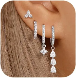 QUINBY Dangle Hoop Earrings Set for Women - Hypoallergenic CZ Drop Earrings - Dangling Stack Hoops