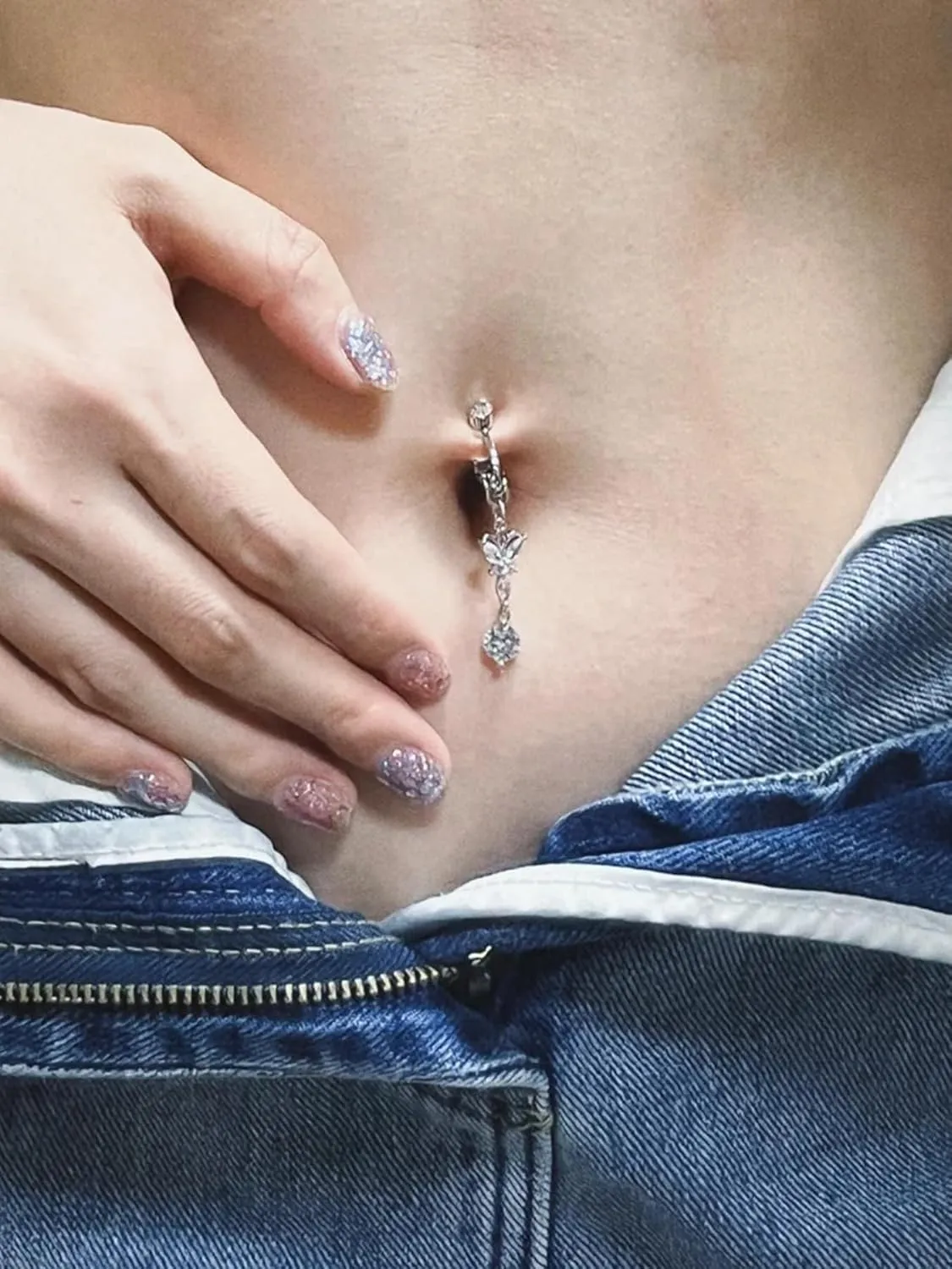 QWALIT Gold Fake Belly Piercing Cubic Zircon Butterfly Clip on Belly Button Rings Stick on Navel Ring Studsnon Piercing Fake Piercing Jewelry Pink Heart Silver Sticky Balls no Pierced