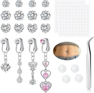 QWALIT Gold Fake Belly Piercing Cubic Zircon Butterfly Clip on Belly Button Rings Stick on Navel Ring Studsnon Piercing Fake Piercing Jewelry Pink Heart Silver Sticky Balls no Pierced