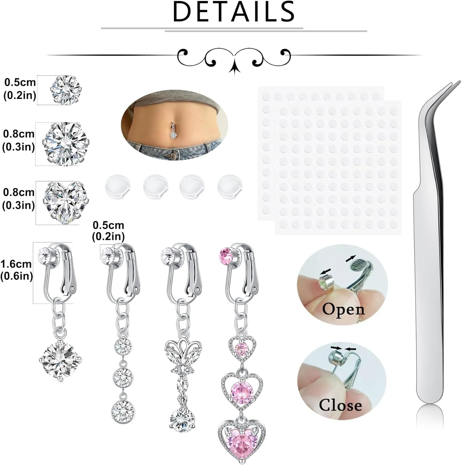 QWALIT Gold Fake Belly Piercing Cubic Zircon Butterfly Clip on Belly Button Rings Stick on Navel Ring Studsnon Piercing Fake Piercing Jewelry Pink Heart Silver Sticky Balls no Pierced