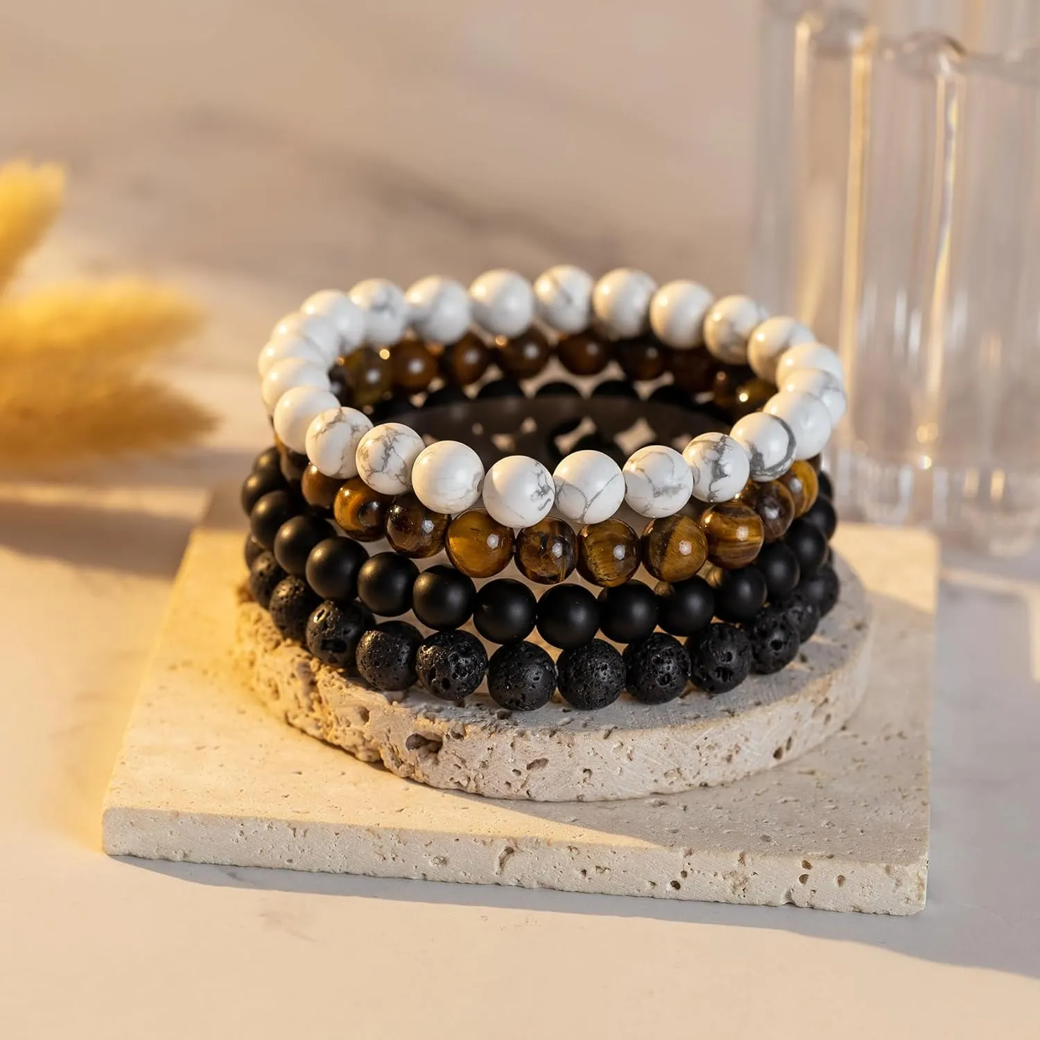 RANKEEF Mens Bead Bracelet Set - Adjustable Elastic Rope With 6&8MM Natural Stone Multi-Colored Beads - Tiger Eye Bracelets for Men - Gift