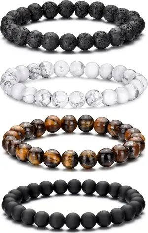 RANKEEF Mens Bead Bracelet Set - Adjustable Elastic Rope With 6&8MM Natural Stone Multi-Colored Beads - Tiger Eye Bracelets for Men - Gift