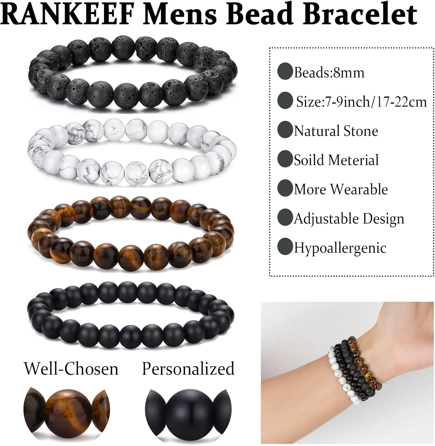 RANKEEF Mens Bead Bracelet Set - Adjustable Elastic Rope With 6&8MM Natural Stone Multi-Colored Beads - Tiger Eye Bracelets for Men - Gift