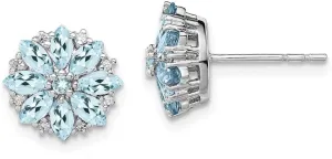 Real 925 Sterling Silver Diamond and Aquamarine Blue March Gemstone Studs Earrings 10mm (.15 cttw.)