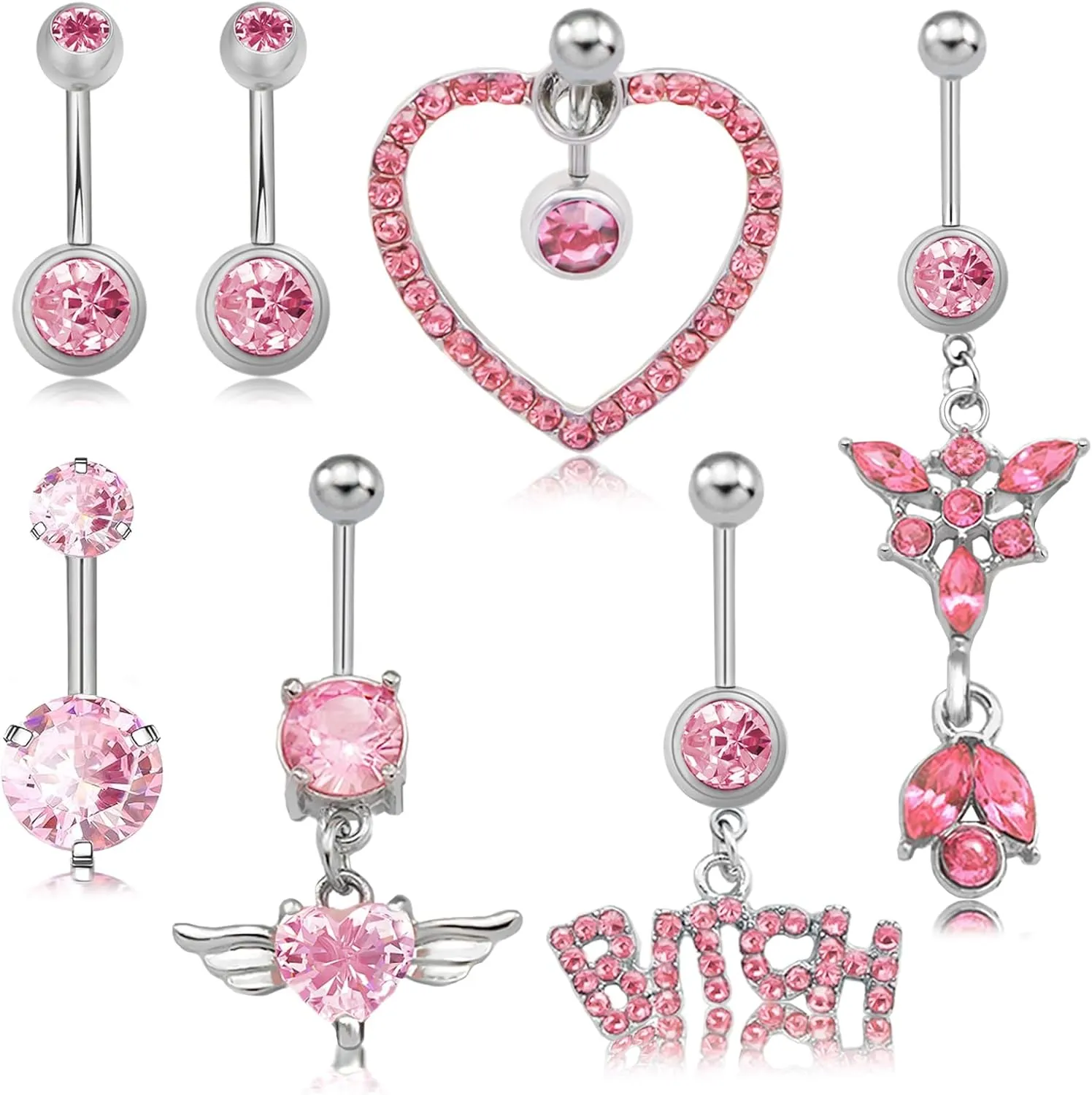 RechicGu 14G Cute Belly Button Rings Dagnle Surgical Stainless Steel Silver Navel Belly Piercing Jewelry For Women 7pcs CZ Heart Angel Wings Pentagram Star Bow Flower Dangling Belly Navel Rings