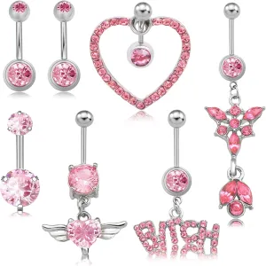 RechicGu 14G Cute Belly Button Rings Dagnle Surgical Stainless Steel Silver Navel Belly Piercing Jewelry For Women 7pcs CZ Heart Angel Wings Pentagram Star Bow Flower Dangling Belly Navel Rings