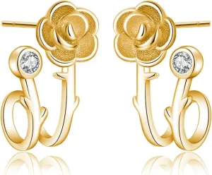 Reffeer Solid 925 Sterling Silver Flower Cuff Stud Earrings Wraps for Women Teens Flower Half Hoop Earrings Huggie