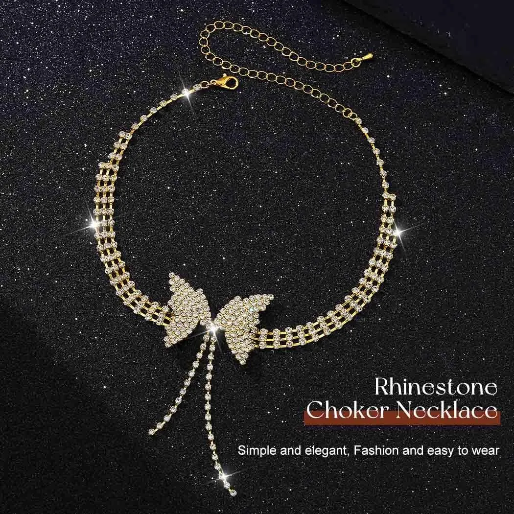 Rhinestone Butterfly Choker Necklace Layered Crystal Necklaces Chain Sparkly Party Neck Accessories for Women and Girls