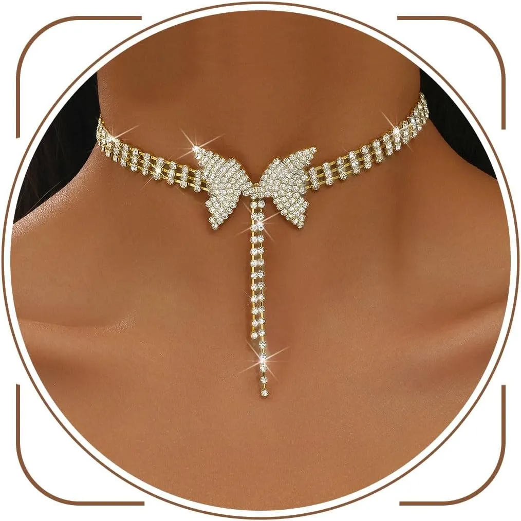 Rhinestone Butterfly Choker Necklace Layered Crystal Necklaces Chain Sparkly Party Neck Accessories for Women and Girls